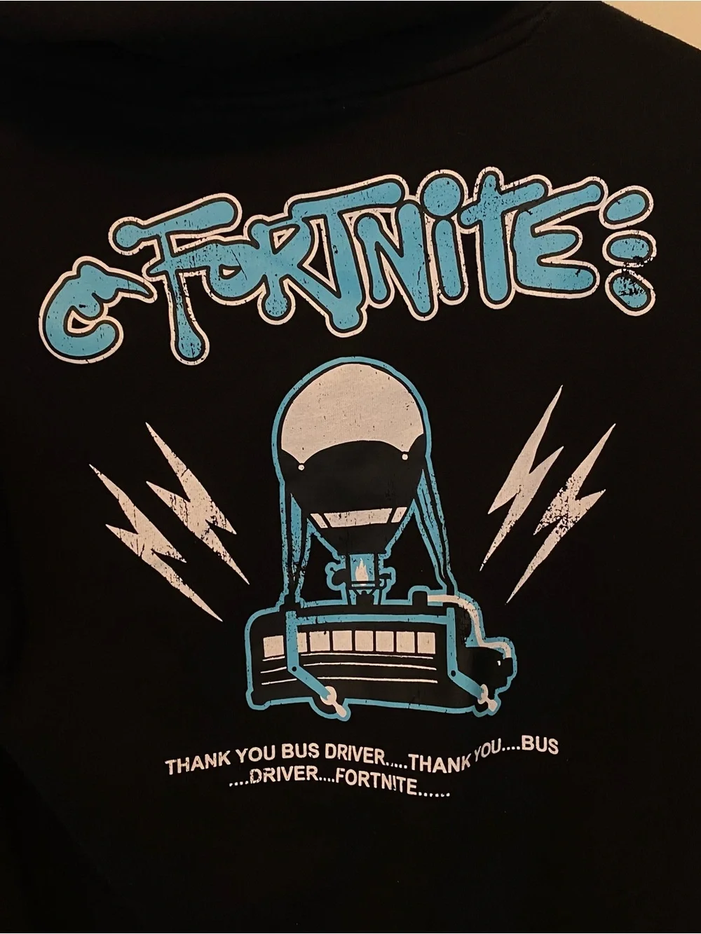 Fortnite Thank You Bus Driver Blue Graphic Black Sweatshirt Hoodie Boys 10/12